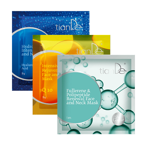 Compra 2 mascarillas faciales y de cuello: Mascarilla facial y de cuello hidrointensiva con ácido hialurónico + Mascarilla facial y de cuello rejuvenecedora intensiva con Q10 y llévate GRATIS la mascarilla facial y de cuello renovadora con fulerenos y polipéptidos