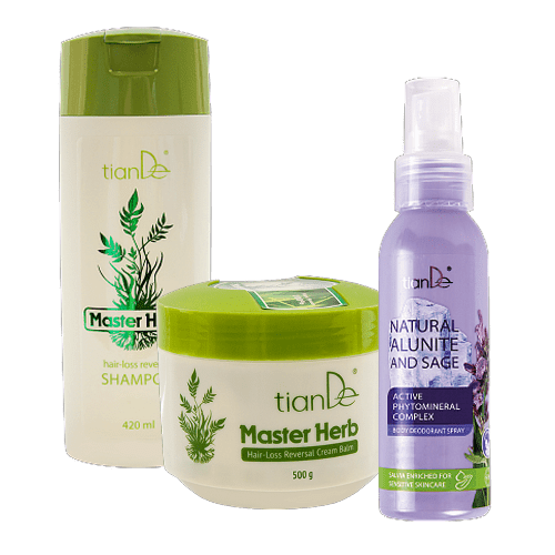 Compra 2 productos: Champú para revertir la caída del cabello + Crema bálsamo para revertir la caída del cabello y llévate GRATIS un desodorante corporal en spray de alunita y salvia natural